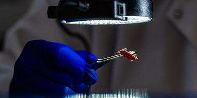 a blue gloved hand holds a tiny microchip sensor in a pair of tweezers under a bright light in a lab