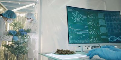 Gowned and masked lab workers take samples from cannabis plants as someone works on a computer in the foreground.