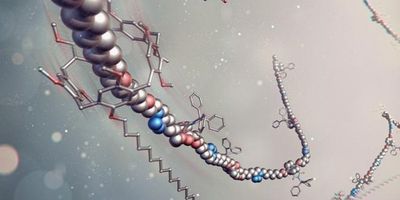 a long chain of grey, blue, and red spheres representing a molecule with hexagonal molecules in the background