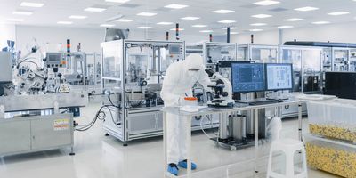 A scientist bends over a lab bench in a sterile pharmaceutical manufacturing facility. The scientist is wearing full PPE and is surrounded by various automated equipment.