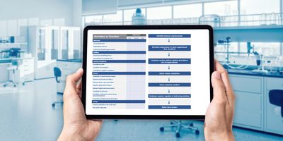 Hands hold a tablet in the laboratory with a checklist and decision workflow for choosing which lab services to outsource. 