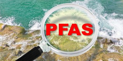 a magnifying glass over the shoreline of a body of water with the words PFAS in red text in the center