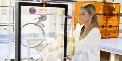 Female scientist uses the Plas-Labs glovebox