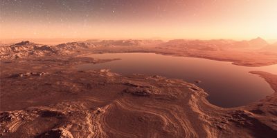 a photorealistic image showing what a lake on the surface of mars would look like, surrounded by red dirt and rocks with a starry sky in the background