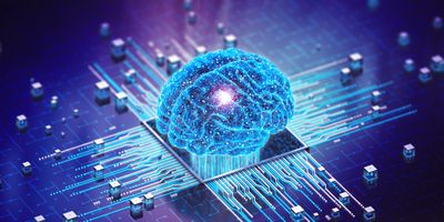 Hologram of a human brain over a microchip representing AI