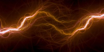 red and orange bolts of electricity twisting across a black background