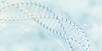 Biomolecule 3D render of DNA on light blue background