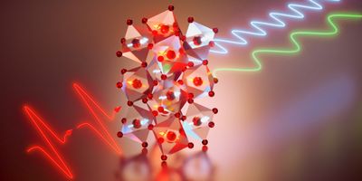 Ilustration of the crystal structure of the yttrium alloy, with a squiggly red line at left representing the laser pulse into the crystal, the crystal in the middle represented by a stack of clear tetrahedrons with a red sphere at each vertex, and two wavy blue and green lines to the right representing the two types of magnons created