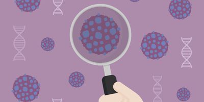 a cartoon illustration of a hand holding a magnifying glass over a purple and blue-spotted immune cell, with other similar cells and DNA helices throughout the purple background