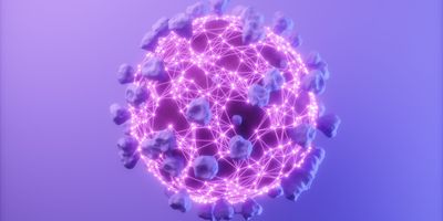 a single pink and purple spherical coronavirus with light purple spike proteins and a network of glowing pink lines crisscrossing its surface, on a purple gradient background