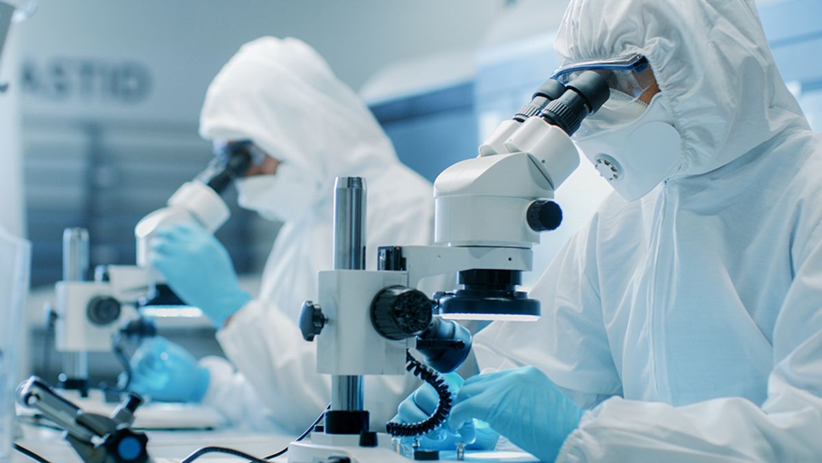 Scientists in PPE use microscopes in a lab