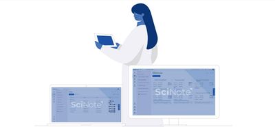 cartoon scientist using an electronic lab notebook to help with GLP and GMP compliance