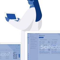 cartoon scientist using an electronic lab notebook to help with GLP and GMP compliance