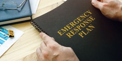 An image of a pair of male hands holding a black book with the words "Emergency Response Plan" written on the book in gold.