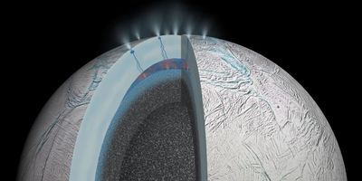 An artist’s rendition of Saturn’s moon Enceladus shown as a white sphere with a slice cut out revealing the internal layers to depict hydrothermal activity on the seafloor and cracks in the moon’s icy crust with vapor from the watery interior being ejected into space in plumes