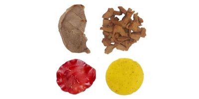 Meat products (top left, veal; bottom left, bresaola) tend to contain more proteins and amino acids than their plant-based alternatives (right).