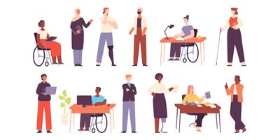 a simple vector illustration of a variety of diverse people in work settings, men and women with a variety of skin tones, some in wheelchairs, some with prosthetic limbs, some seated at desks while others are standing