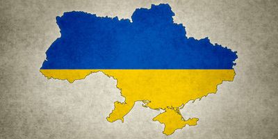 Map of Ukraine with flag colors overlaid ontop