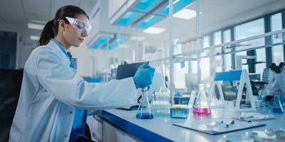 Modern Medical Research Laboratory: Female Scientist Working with Micro Pipette, Analysing Biochemicals Samples. Advanced Scientific Lab for Medicine, Microbiology Development.