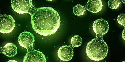 glowing green low polygonal style illustration of hydrogen molecules on a dark green background