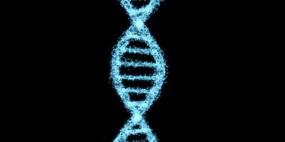 DNA strand made of light on a blue background