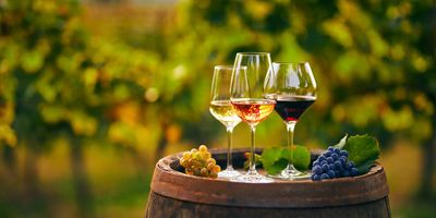 Three wine glass with different types of wine in them on a barrel in a vineyard