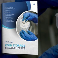 cover of the cold storage resource guide and a scientist putting vials into a cold storage unit