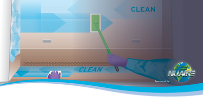 Illustration of two gloved hands cleaning a Biosafety cabinet with a cloth and a squeegee. NuAire logo in bottom right corner