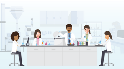 A cartoon graphic of a group of scientists working at a lab bench