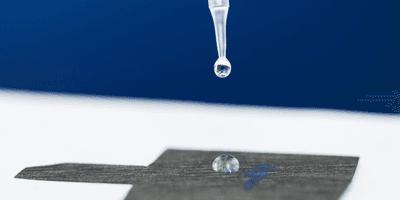 clear liquid is dropped from a pipette tip onto a small sheet of metallic material on a white table with a royal blue wall in the background